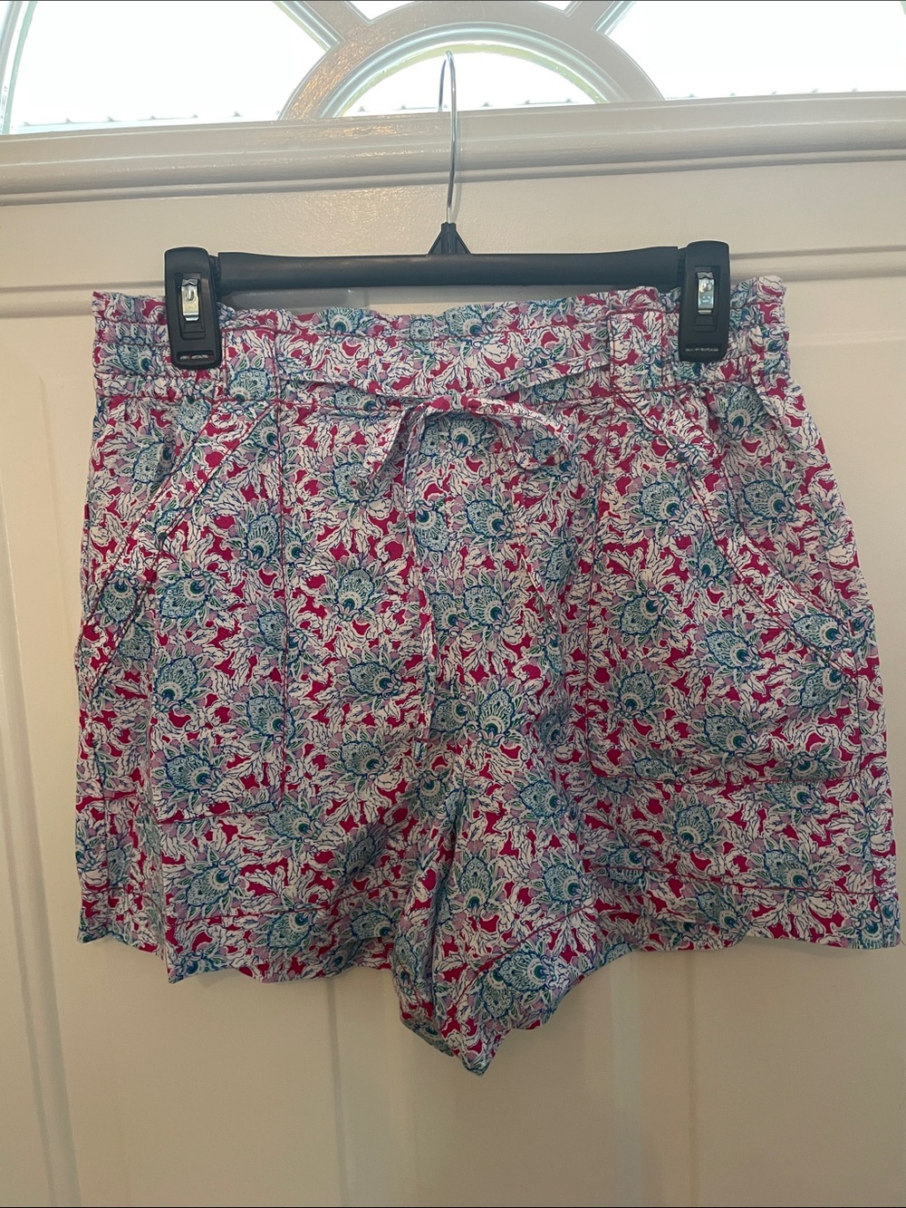 LOFT High-Waist Tie-Front Floral Shorts — Pink & Blue